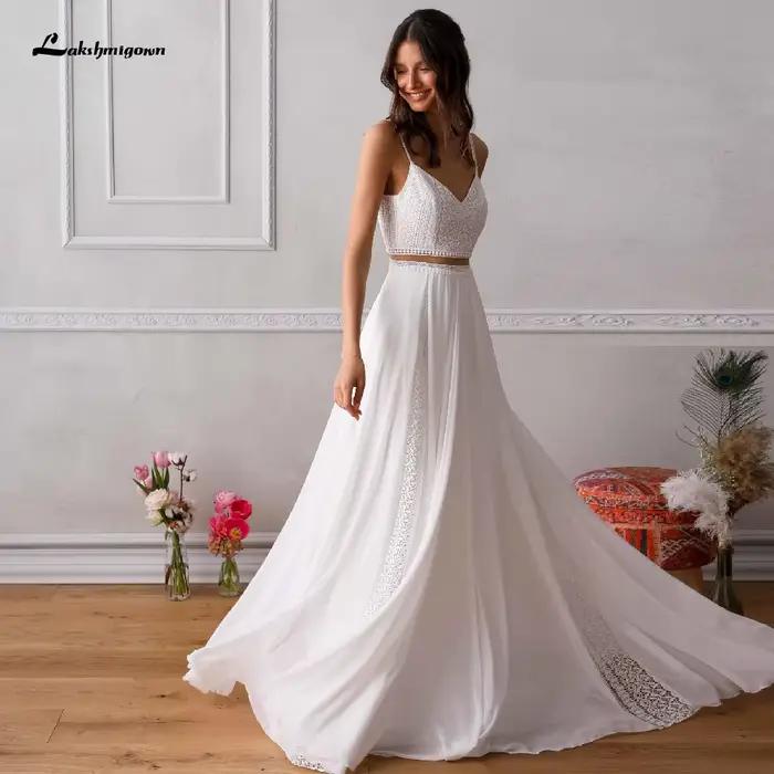 Robe de mariée deux pièces en dentelle personnalisée, robes de mariée de plage, réception de patient
