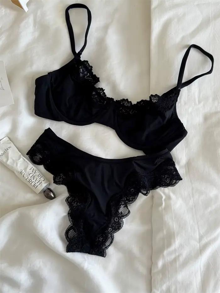 Ensemble soutien-gorge et culotte rose sans doublure, à armatures, avec dentelle, confortable, minim
