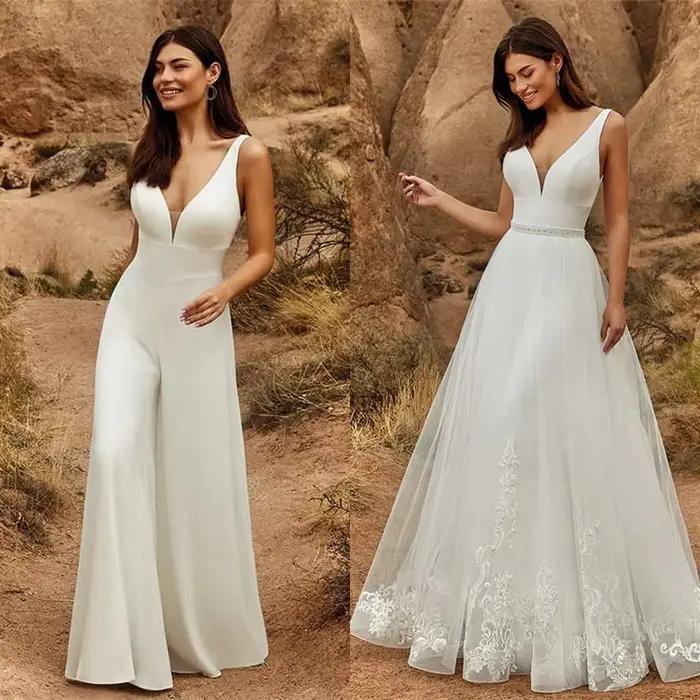 Combinaison de Mariage 2 en 1 avec Poignées, Jupe Amovible, Deux Pièces, Robes de Patients, Pantalon