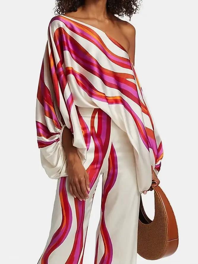 Pyjama Imprimé en Satin pour Femme, Ensemble de 2 Pièces, Vêtements de Maison, à la Mode, Amissié, a