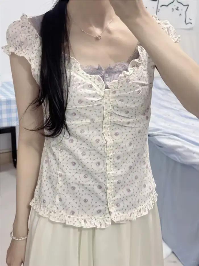 Bleu rayé plis Blouse haut femmes nouveau décontracté simple boutonnage à volants sans manches débar