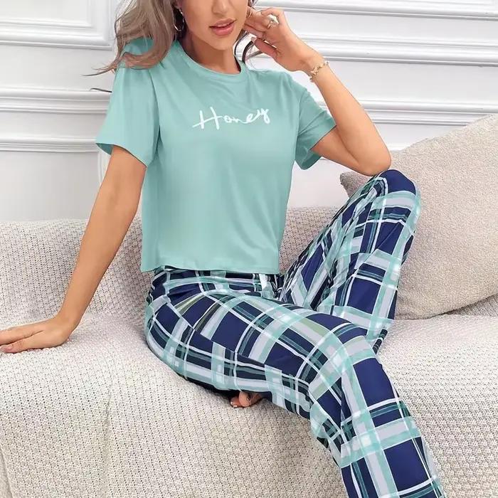 Ensemble de pyjama imprimé cœur et lettre pour femme, manches courtes, pantalon taille élastique, vê