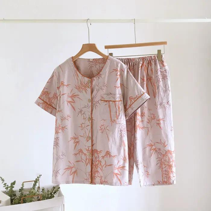 Ensemble pyjama Double couche en gaze de coton, Short à manches courtes, avec imprimé Simple, ensemb