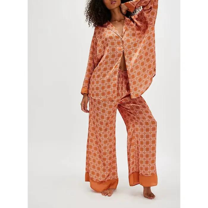 Ensemble pyjama 2 pièces en Satin de soie pour femmes, motif Floral, ample, jambes larges, pantalon