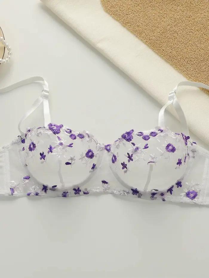 Soutien-gorge brodé de belles fleurs, sous-vêtements sexy transparents avec bretelles réglables MR29