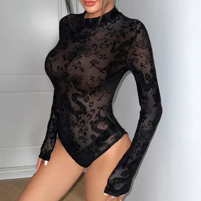 Body en dentelle pour femme, imprimé, Sexy, Slim, ajusté, taille haute, manches longues, combinaison