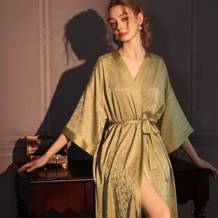 2025 toutes saisons Jacquard une pièce femmes pyjamas printemps automne longue peignoir glace soie l