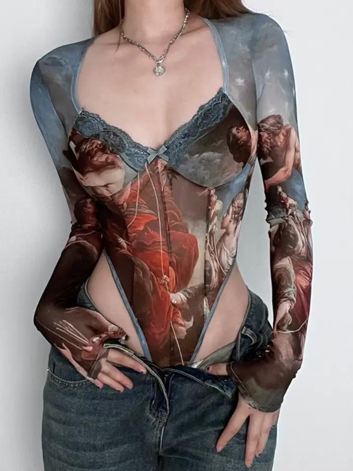 Body Sexy imprimé Vintage, Lingerie transparente en gaze, Lenceria Tranparente, manches longues, col