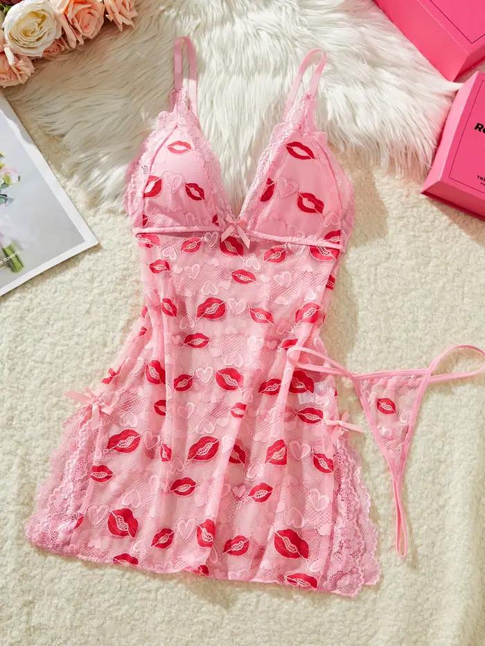 Chemise de nuit rose à imprimé lèvres pour femmes, élégante et confortable, lingerie de nuit avec nœ
