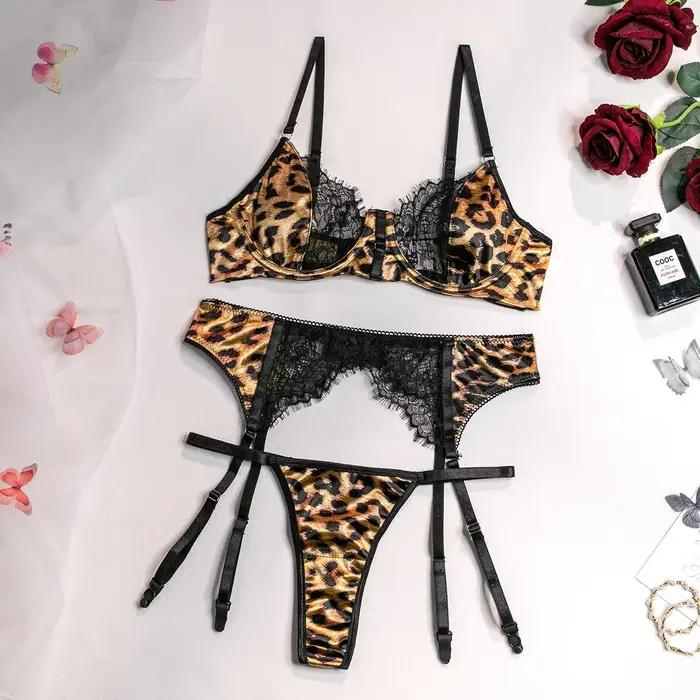 Ensemble de Lingerie Sexy en dentelle imprimée léopard sauvage pour femmes, ensemble trois pièces co