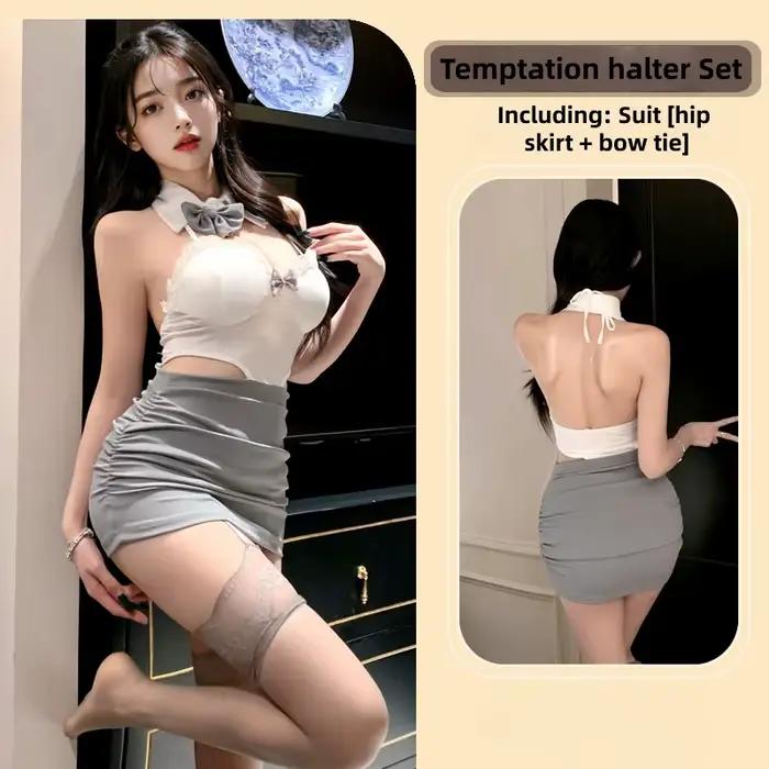 Nouvelle Tendance, Lingerie Femme Sexy, Style Pure Séduction, Nœud en Dentelle, Col Halter, Col Reve
