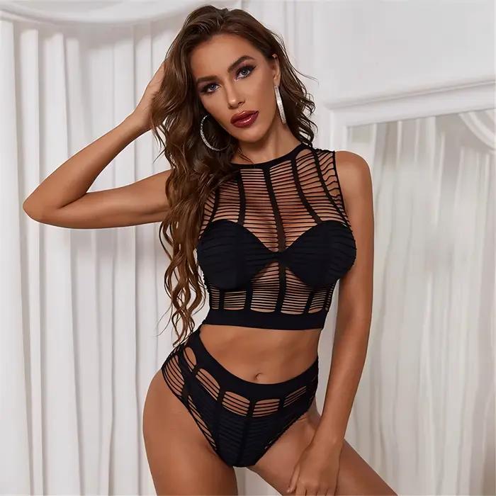 Costume en résille Transparent pour femmes, bas ajourés, Lingerie porno, combinaison, vêtements de f
