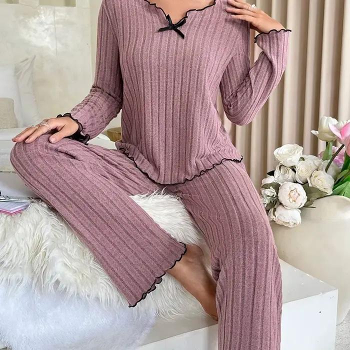 Pyjama en flanelle chaud pour femme, ensemble décontracté avec haut à manches longues et pantalon, v