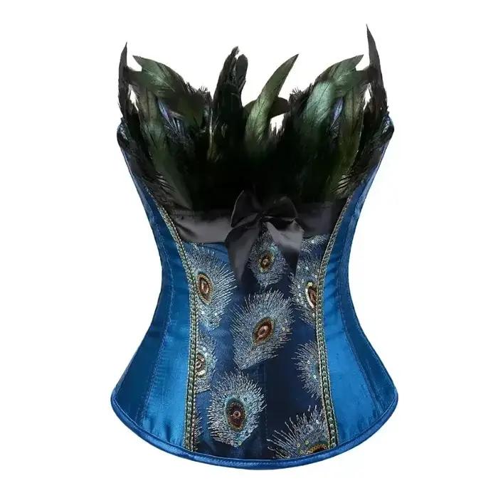 Femmes Sexy noir Corset paon plume broderie Vintage bleu Bustier gothique Shaperwear Burlesque surbu