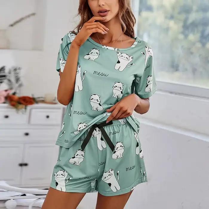 2026 Femmes décontracté mignon merdes en plein air avec Shorts Pyjamas ensembles à manches courtes v