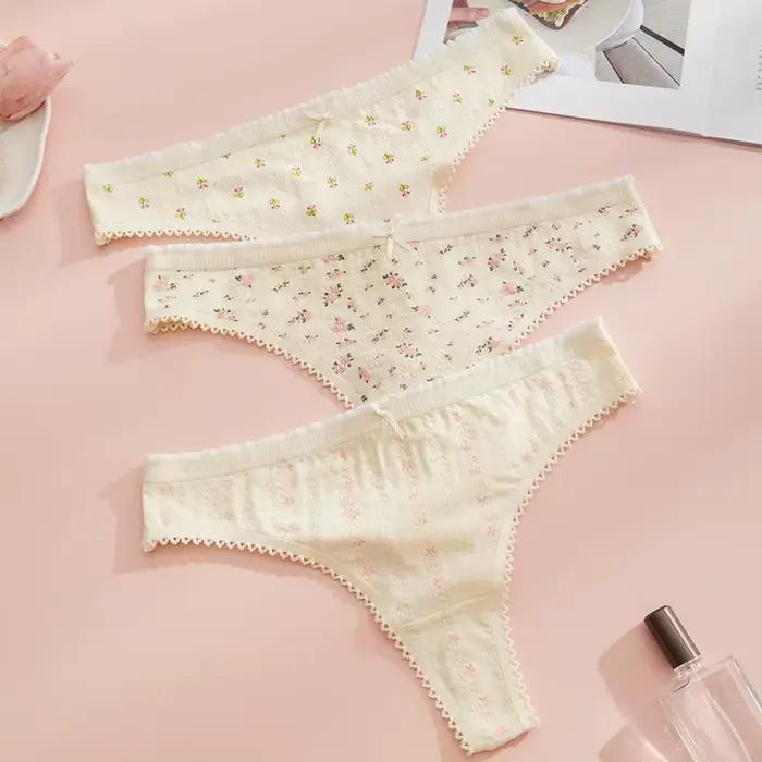 3 pièces mode mignon imprimé culottes pour femmes tongs coton printemps été doux lingeries Sexy nœud