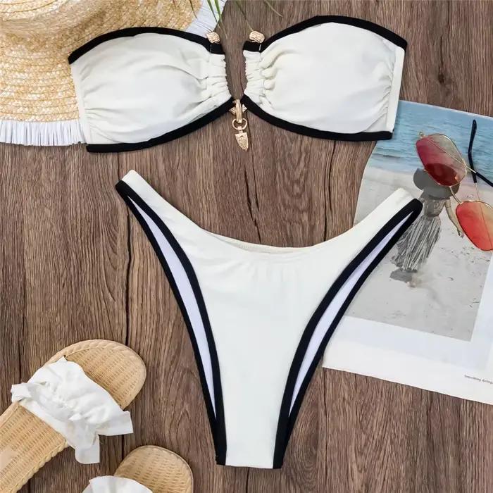 Blanc Bandeau Bikinis ensembles femme Sexy maillot de bain contraste couleur métal boucle maillots d
