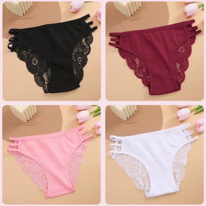 Culotte en dentelle florale pour femmes, 4 pièces/ensemble, slip Transparent et Sexy en dentelle, aj