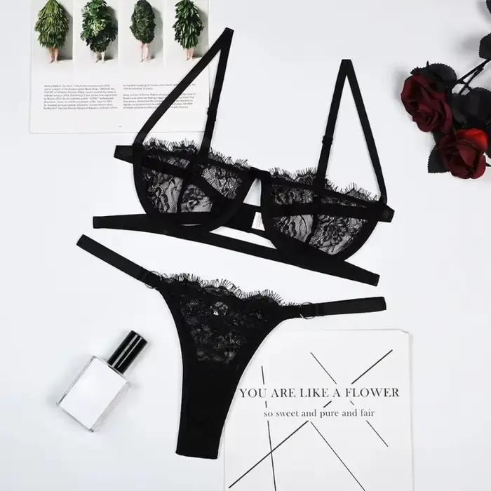 Ensemble de lingerie sexy pour femme, sous-vêtements transparents en dentelle, broderie féerique, en