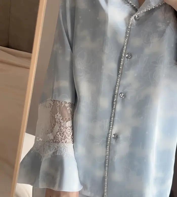 Pyjama à manches longues et pantalon en dentelle pour femme, vêtements de maison français, doux, con