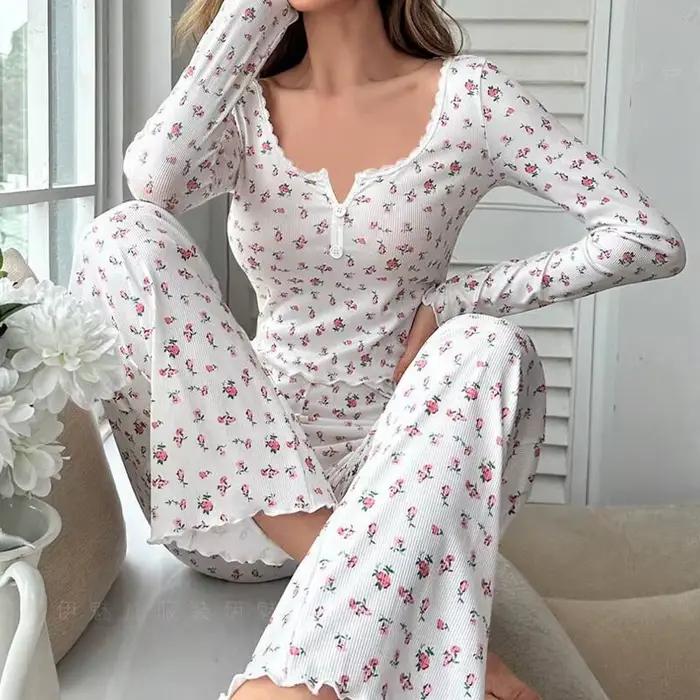 Ensemble pyjama pour femmes, doux et confortable, imprimé Floral, sexy, haut à manches longues et pa