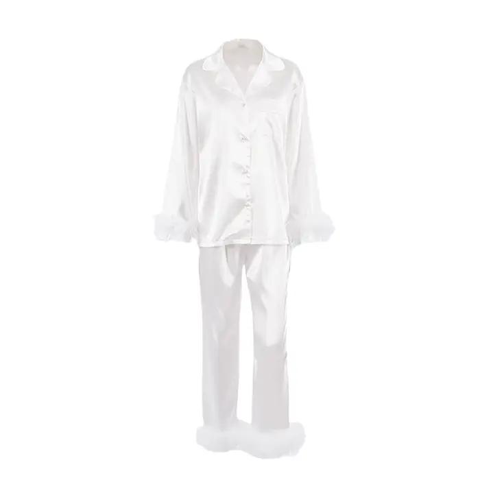Ensemble pyjama 2 pièces en Satin de soie pour femmes, chemises et pantalons boutonnées à manches lo
