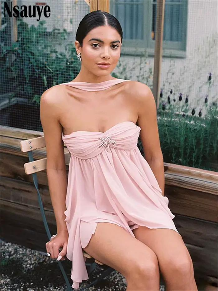Nsauye Sexy maigre a-ligne mode boîte de nuit robe courte irrégulière pour les femmes 2025 été fête