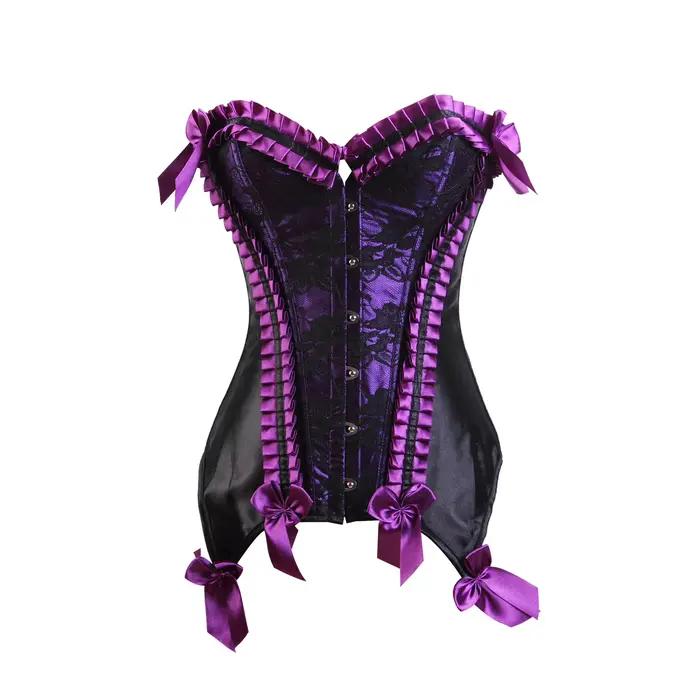 Corset bustier à volants pour femme, style vintage, en dentelle et satin, avec nœud et jarretelles,