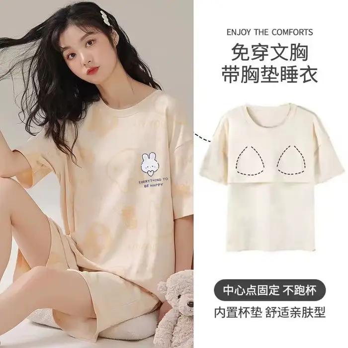 Pyjama avec coussinets de poitrine pour femmes, été, dessin animé, manches courtes, shorts, ours, vê