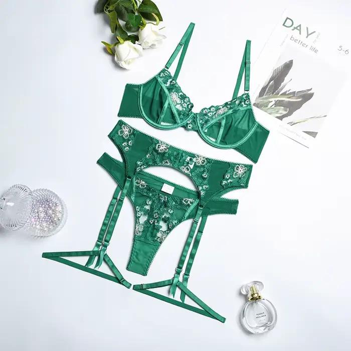 Ensemble de Lingerie Verte pour Femme, Sous-Vêtements Brodés de Barrage, Culotte Sensuelle Sexy en D