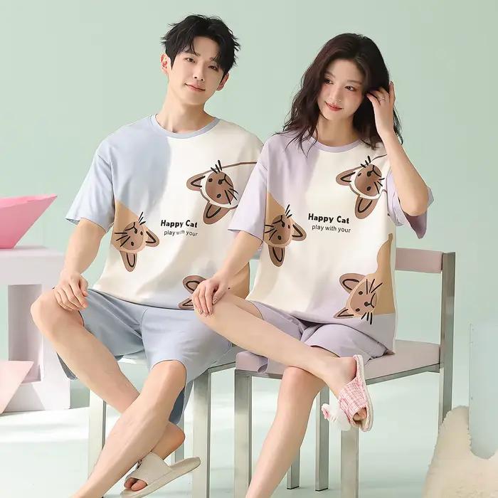 Pyjama d'été à manches courtes pour femmes, ensemble de pyjama de dessin animé, en pur coton, vêteme