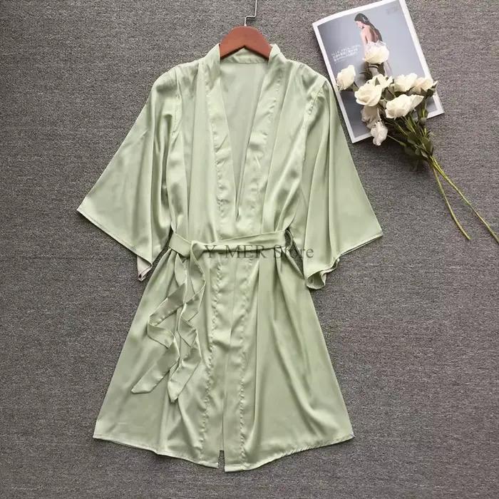 Chemise de nuit en satin vert pour femme, kimono pour documents solides, peignoir élégant pour femme