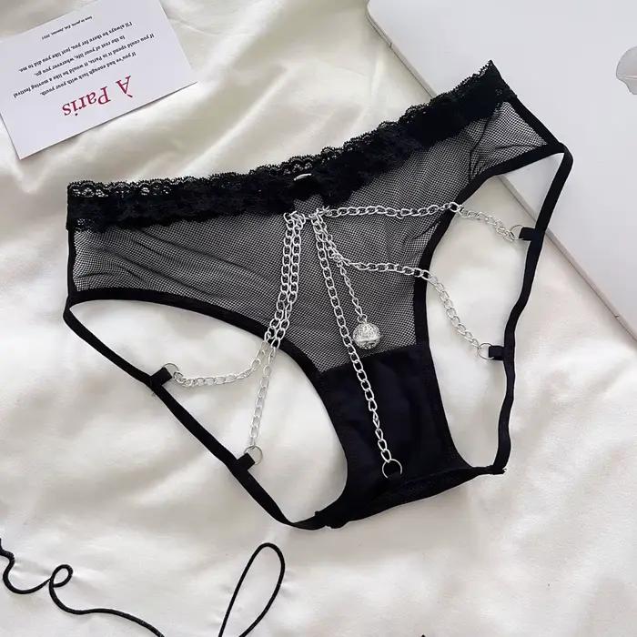 Femmes culottes taille basse sous-vêtements chaîne en métal string filles slips maille évider string