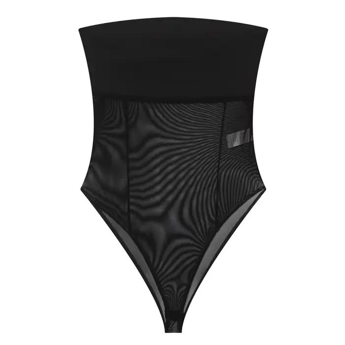 Body transparent noir sans bretelles en maille pour femme, corset sexy, haut bustier, nouvelle colle