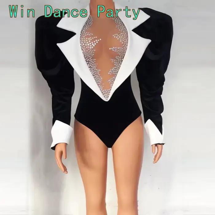 Body Sexy en velours noir à grandes manches, 2 pièces, jupe longue à queue, tenue de danse pour célé