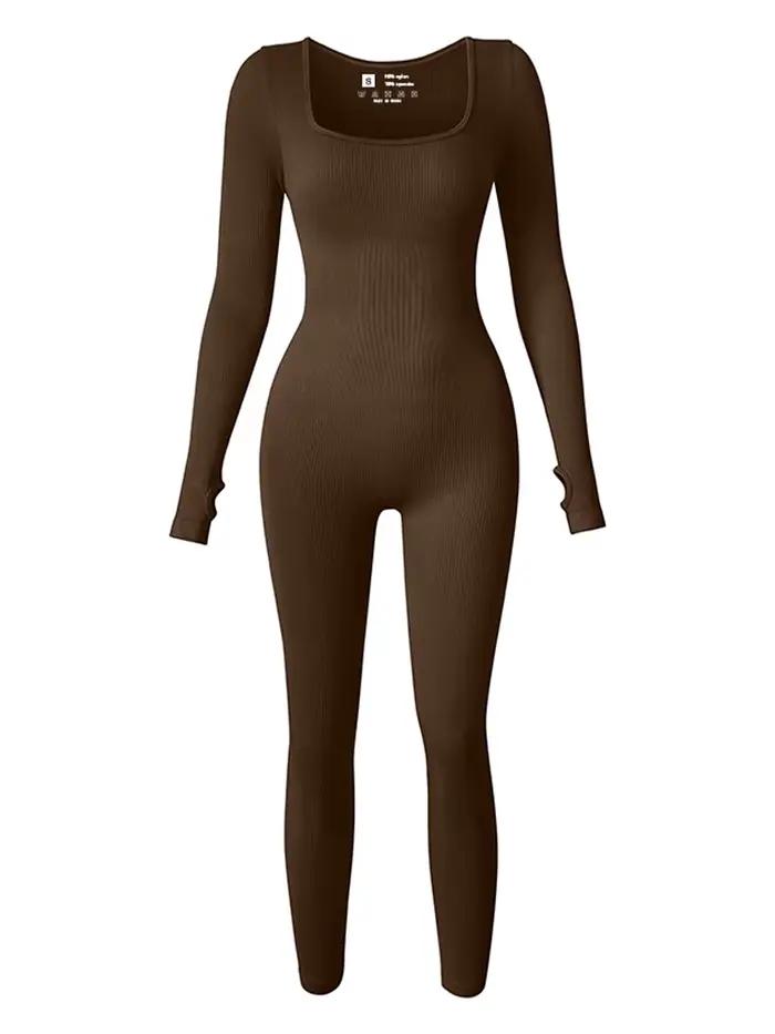 Combinaison à manches longues pour femmes, col carré, taille haute, moulante, une pièce, Leggings, s