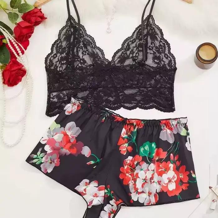 Ensemble pyjama 2 pièces pour femmes, imprimé floral, haut de pyjama à bretelles spaghetti en dentel