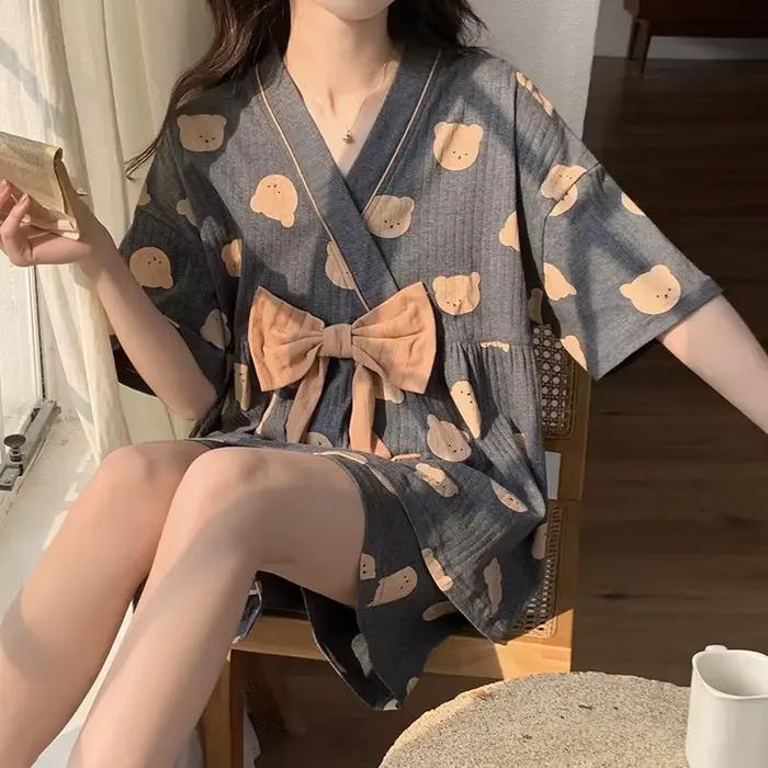 Pyjama en coton pour femmes, kimono japonais, deux pièces, manches courtes, pantalon, ample, Service
