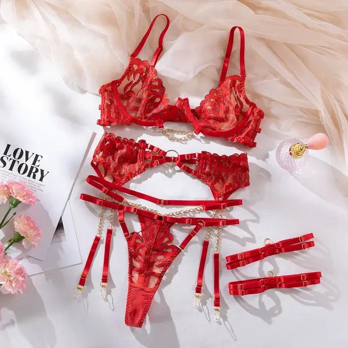 Ensemble de Soutien-Gorge Sexy avec Chaîne Ajourée et Sangle en V Profond, Sous-Vêtements Écologique