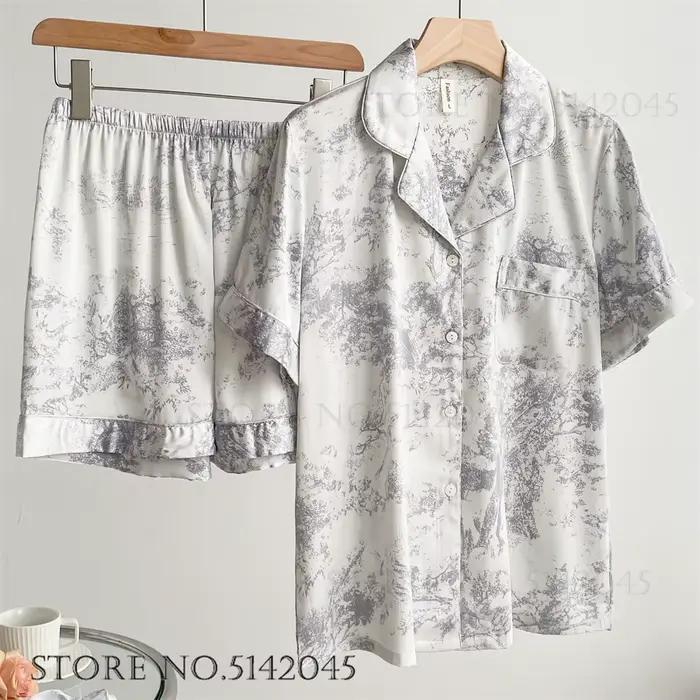 Mode imprimé fleur 2 pièces Pyjamas ensemble femmes vêtements de nuit printemps été pantalon costume