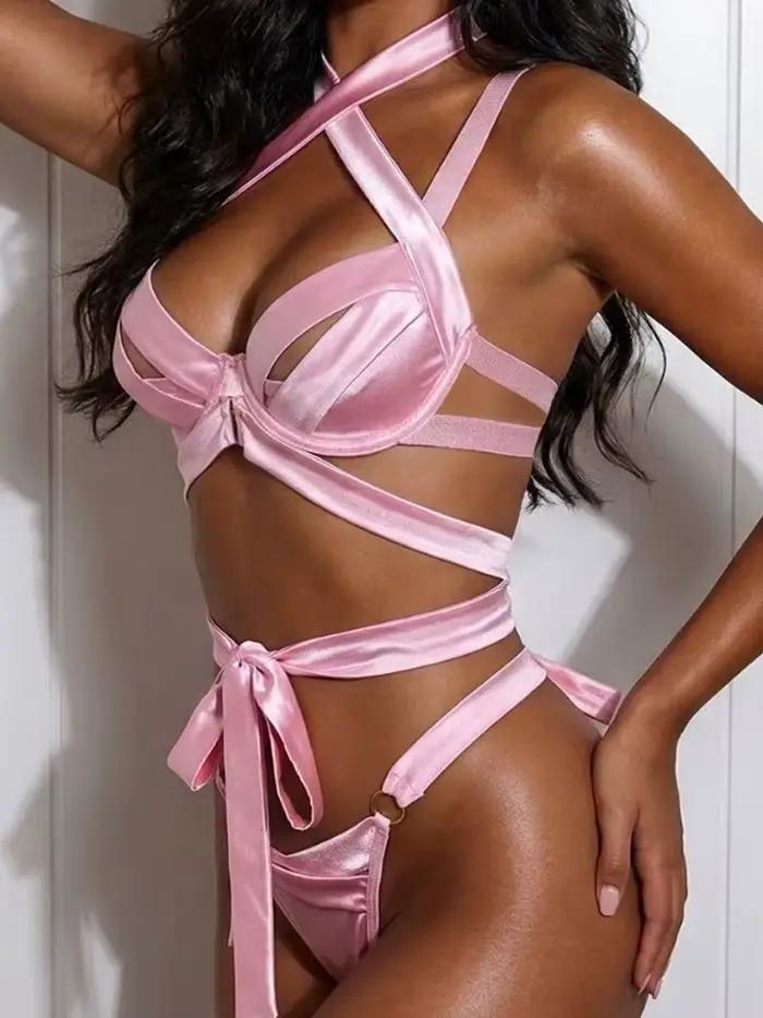 Belamimi – ensemble de lingerie rose de luxe pour femmes, design à nœud papillon croisé au dos, sout
