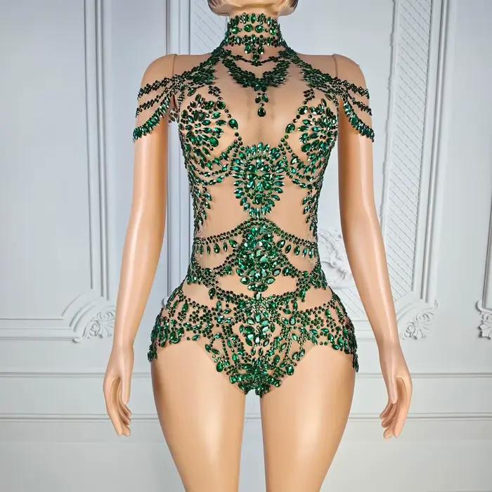 Justaucorps scintillant en strass pour femme, sexy, en maille transparente, pour soirée, spectacle d