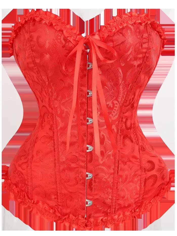 Haut corset jacquard rouge, bustier sans bretelles avec baleines en acier et dos lacé pour mariage,