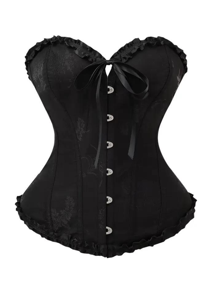 Corset élégant noir en jacquard avec volants, boucle avant et liens arrière, idéal pour les soirées,