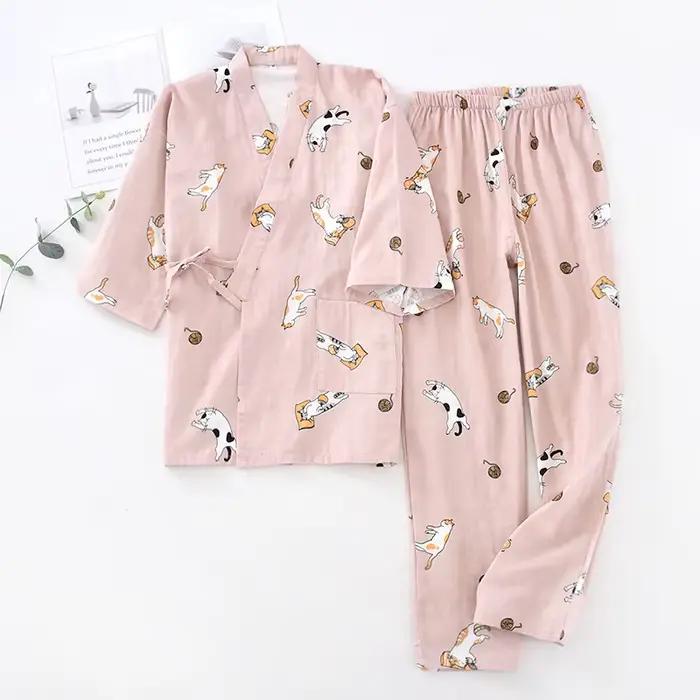 Pyjama Kimono pour femmes, vêtements d'intérieur imbibés, impression de chat, design de dessin animé