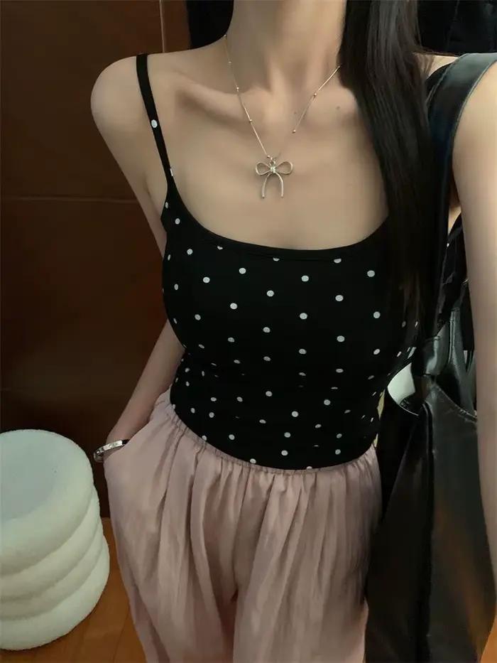 Soutien-gorge intégré à pois pour fille, dos en U, débardeur rembourré à bretelles, haut tubulaire a