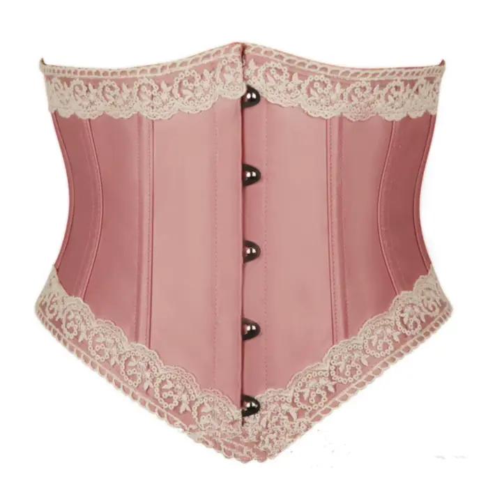 Corset rose sous le buste pour femmes, garniture en dentelle désossée, corsage Lolita de Style franç