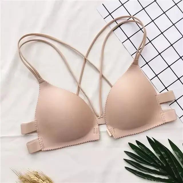 Soutien-gorge sexy pour femme, une pièce, à bretelles croisées, froncé, push-up, avec fermeture avan