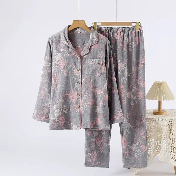 Pyjama rétro à manches longues pour femmes, pantalon en pur coton, Double couche, teint en fil, vête