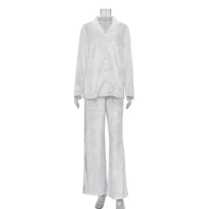 Pyjama de luxe pour femmes, ensemble deux pièces élégant, manches longues, chemise à revers, pantalo